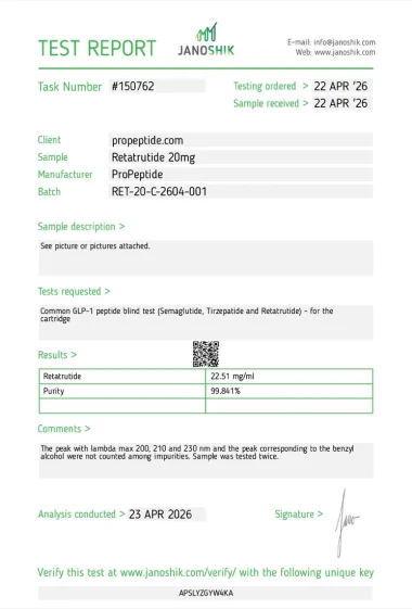 Janoshik Certificate of Analysis — Retatrutide 20mg Pen, batch RET-20-C-2604-001, 99.841% HPLC purity (highest published)