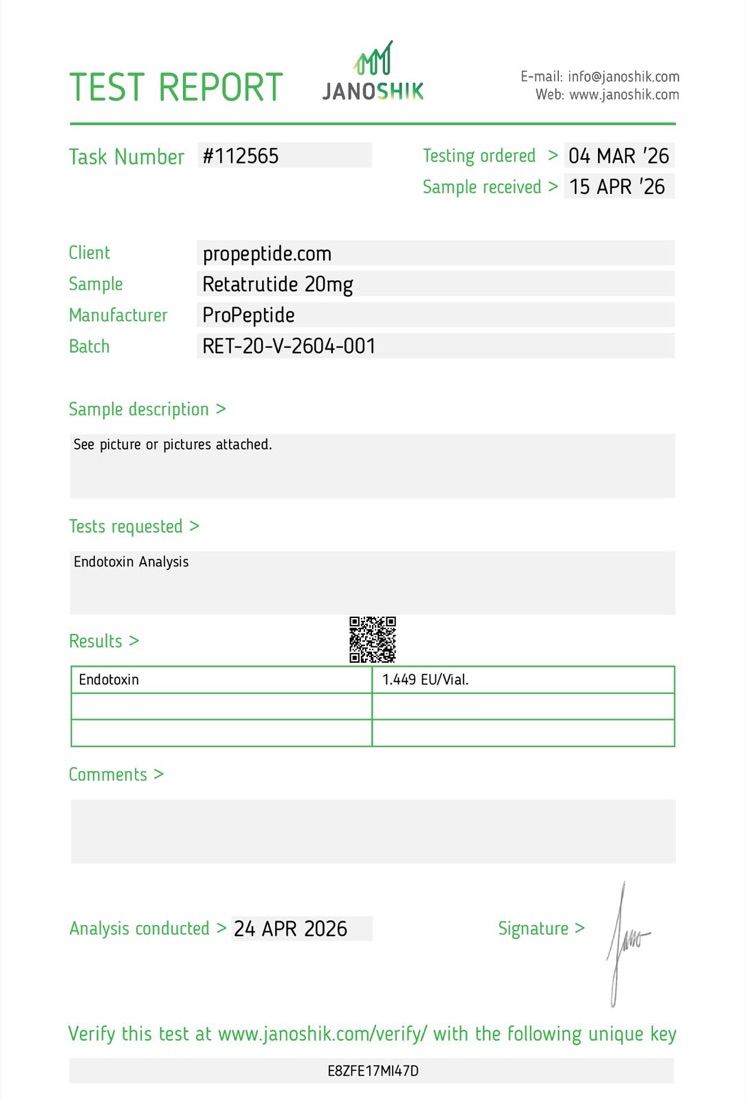 Janoshik Bacterial Endotoxin report &mdash; Retatrutide 10mg Vial, batch RET-20-V-2604-001