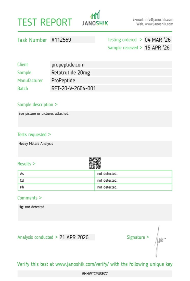 Janoshik Heavy Metals report &mdash; Retatrutide 10mg Vial, batch RET-20-V-2604-001