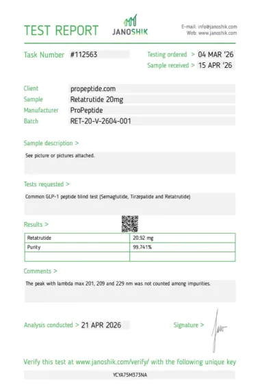 Janoshik Certificate of Analysis — Retatrutide 10mg Vial (batch RET-20-V-2604-001), 99.741% HPLC purity