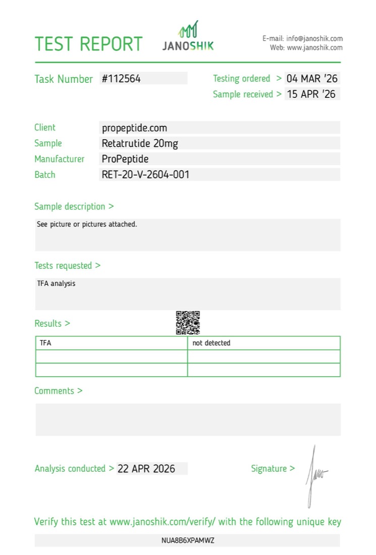 Janoshik TFA Residual report &mdash; Retatrutide 10mg Vial, batch RET-20-V-2604-001
