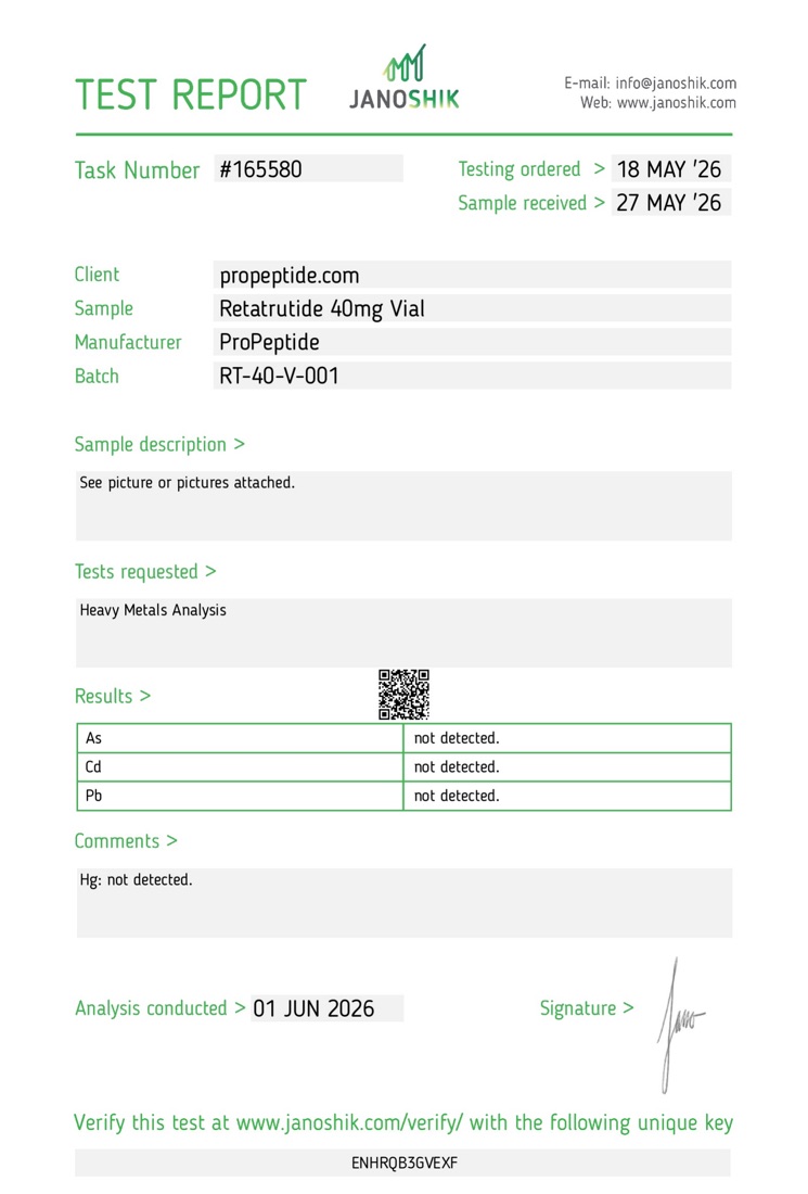 Janoshik Heavy Metals report &mdash; Retatrutide 40mg Vial, batch RT-40-V-001