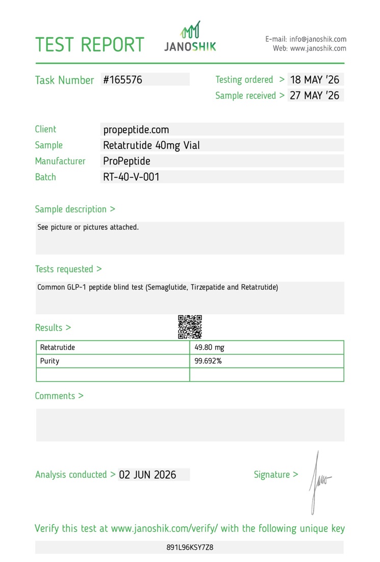 Janoshik Purity & Assay report &mdash; Retatrutide 40mg Vial, batch RT-40-V-001