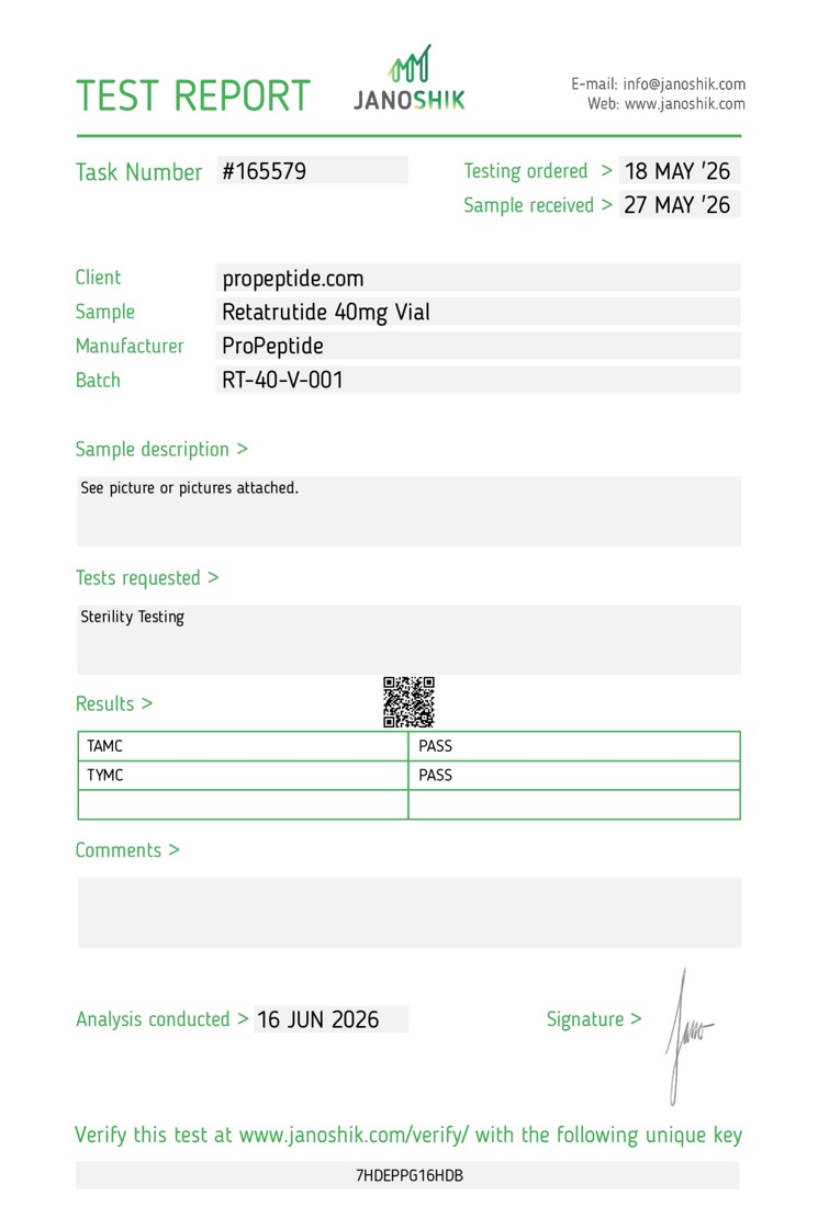 Janoshik Sterility report, TAMC and TYMC &mdash; Retatrutide 40mg Vial, batch RT-40-V-001