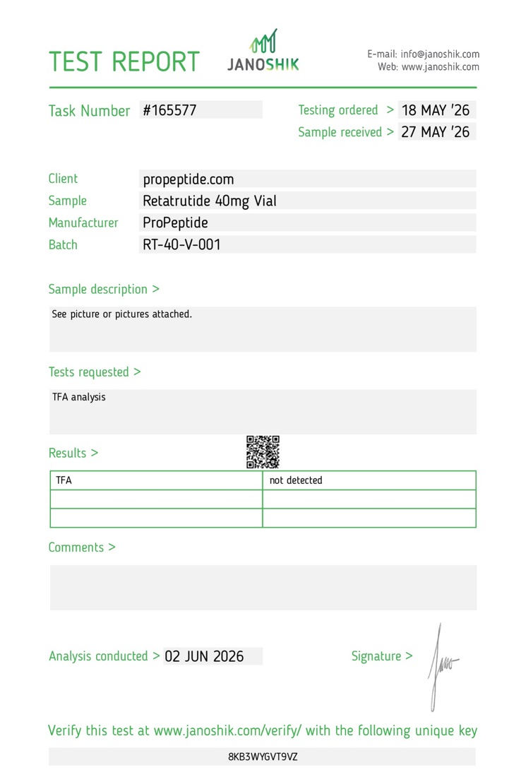 Janoshik TFA Residual report &mdash; Retatrutide 40mg Vial, batch RT-40-V-001